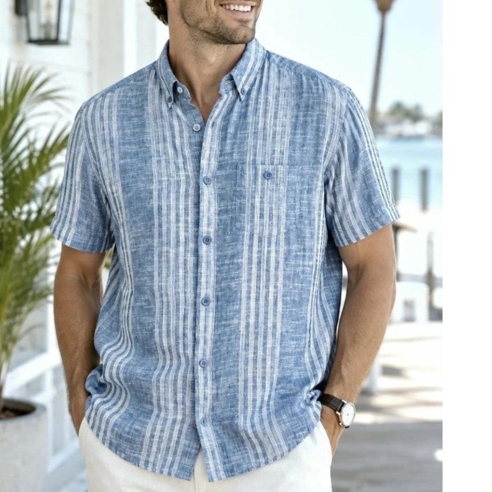 Weatherproof Vintage Mens Blue White Striped Linen Blend Short Sleeve Shirt S